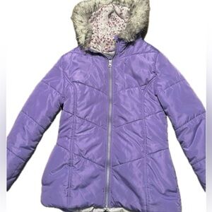 Purple Puffer Coat Jacket w/ Fur Leopard Print Lined Hood Girls Size 10/12